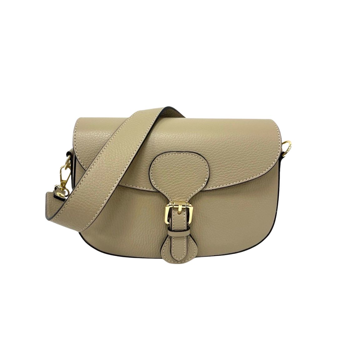 RAVENNA Pebble Leather Shoulder Bag with Buckle Closure | Taupe