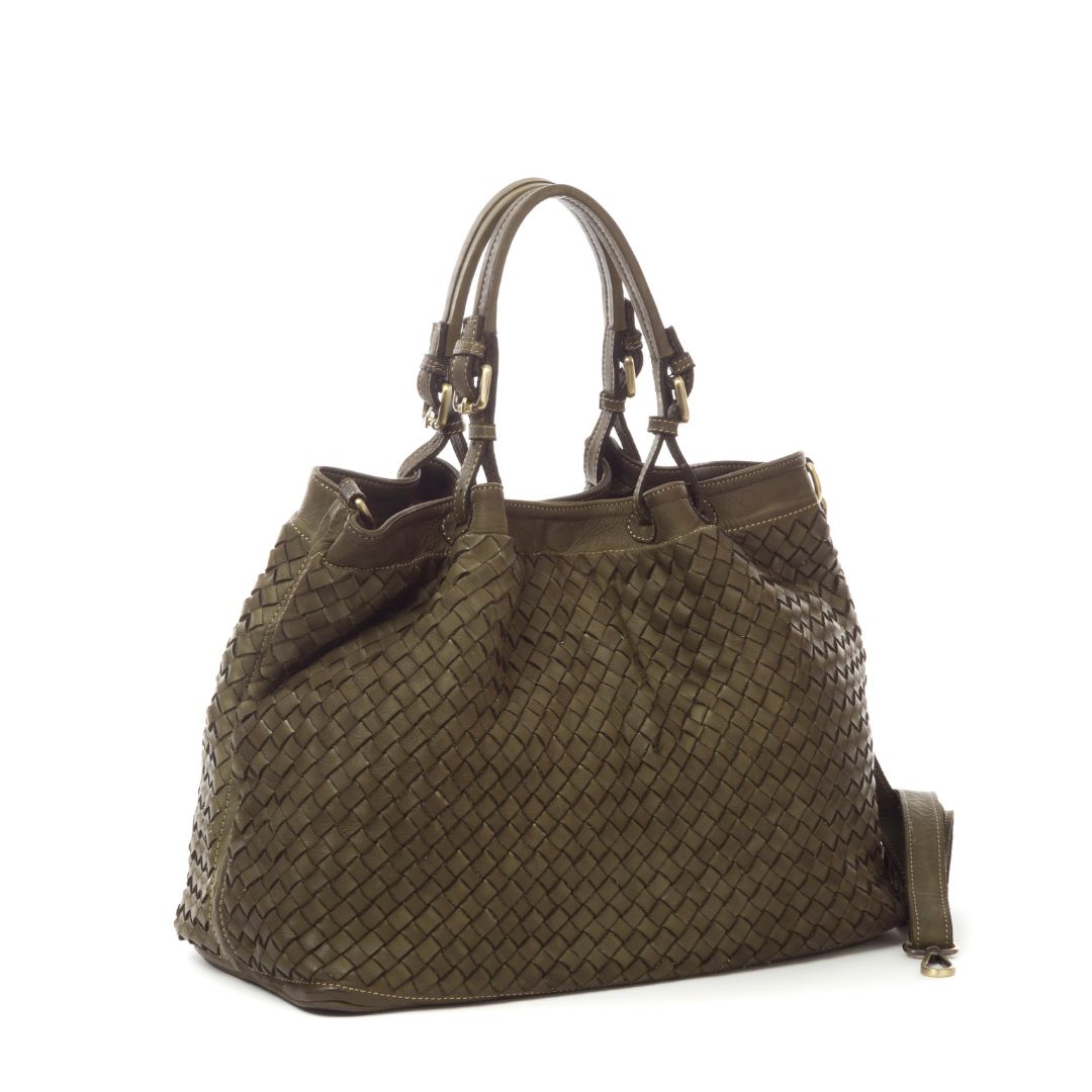 BABY LUCIA Woven Leather Tote Bag | Army Green