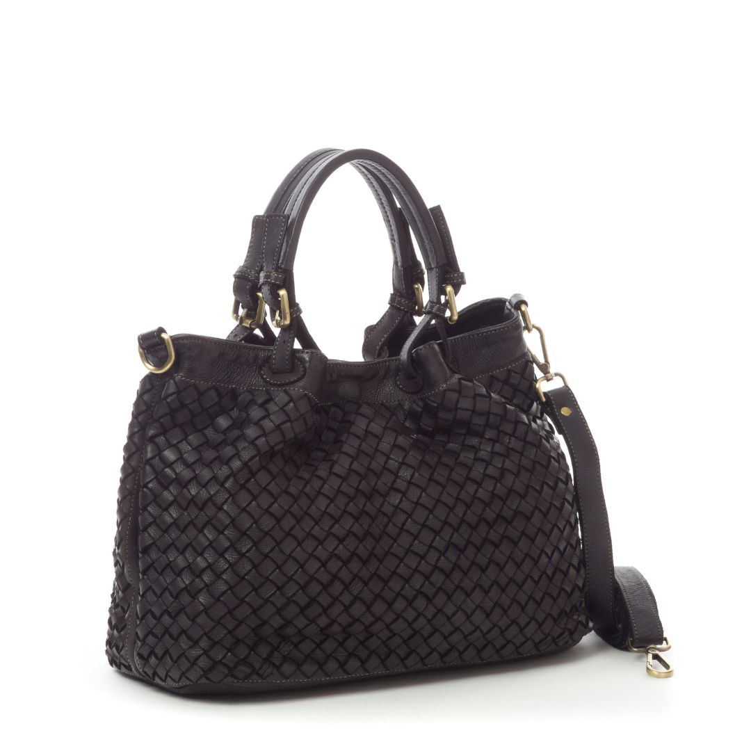 BABY LUCIA Woven Leather Tote Bag | Black