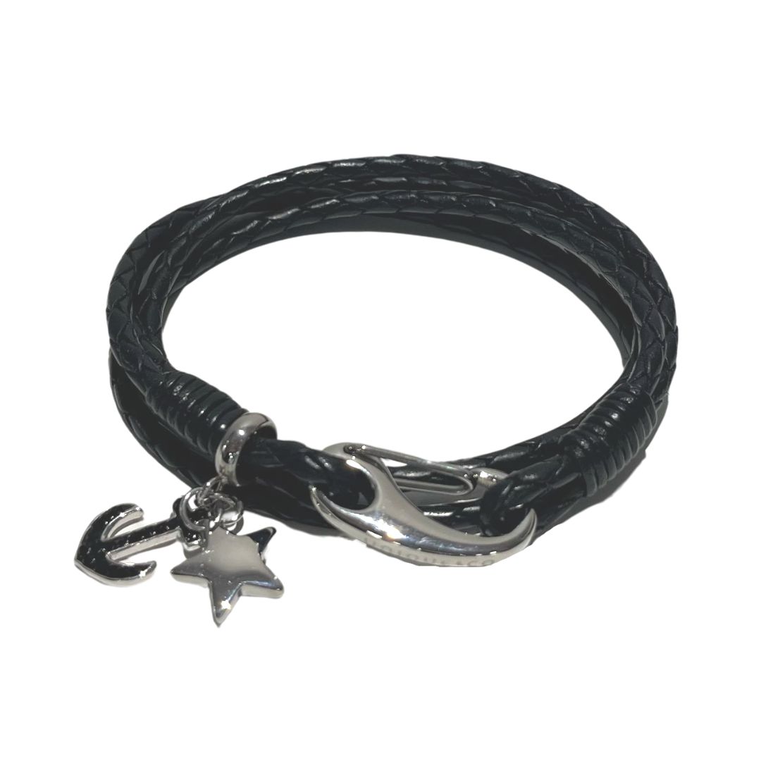 Unique & Co Women’s Double Leather Bracelet with Anchor Charm | Black