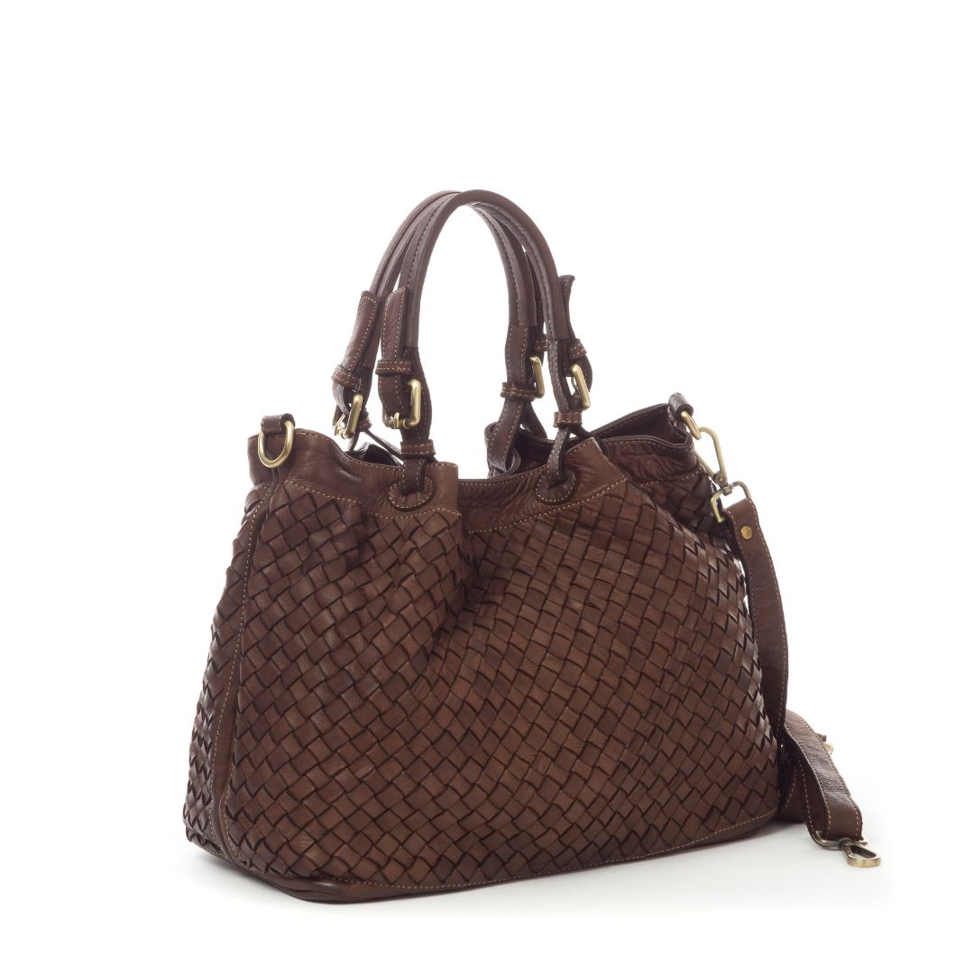 BABY LUCIA Woven Leather Tote Bag | Dark Brown
