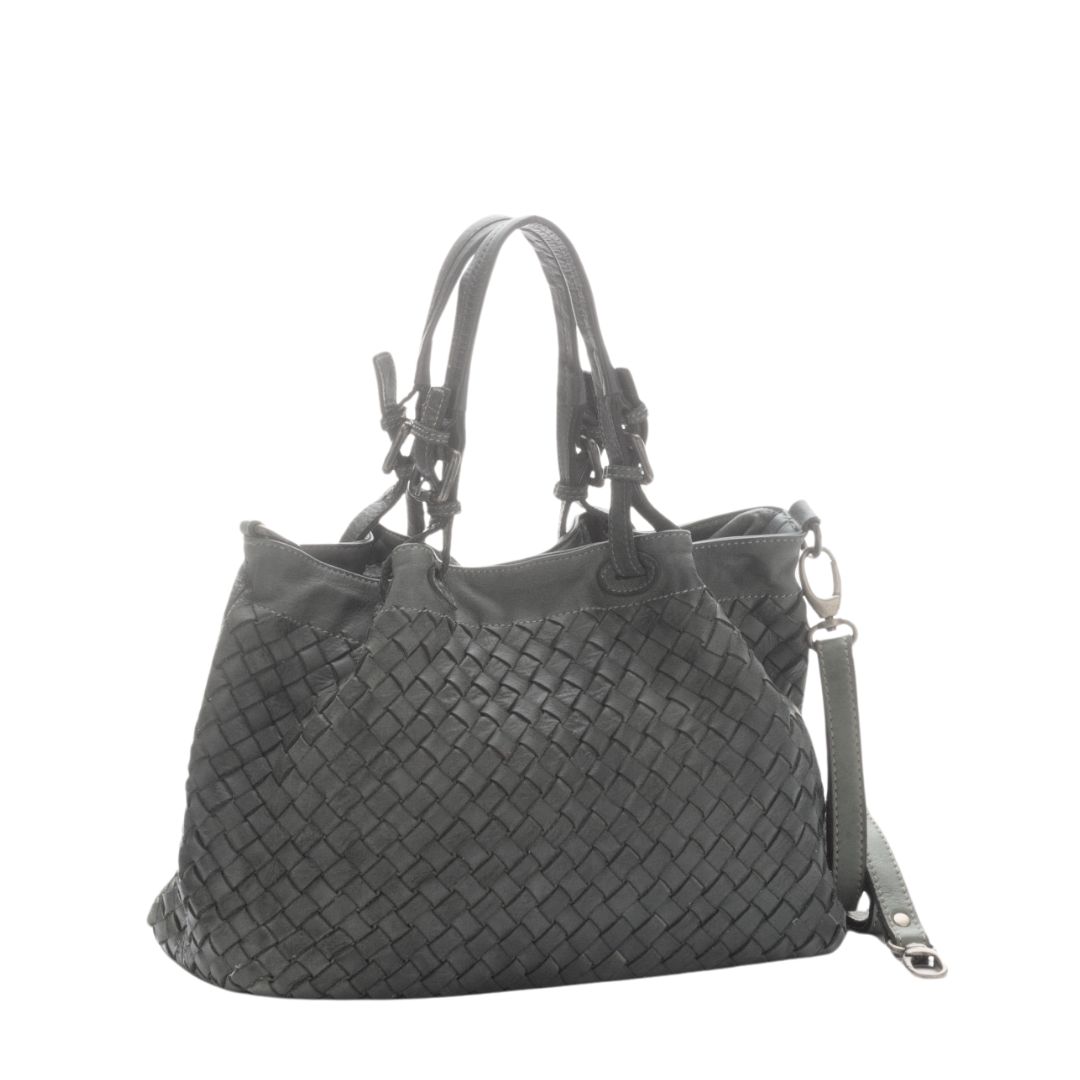 BABY LUCIA Woven Leather Tote Bag | Dark Grey