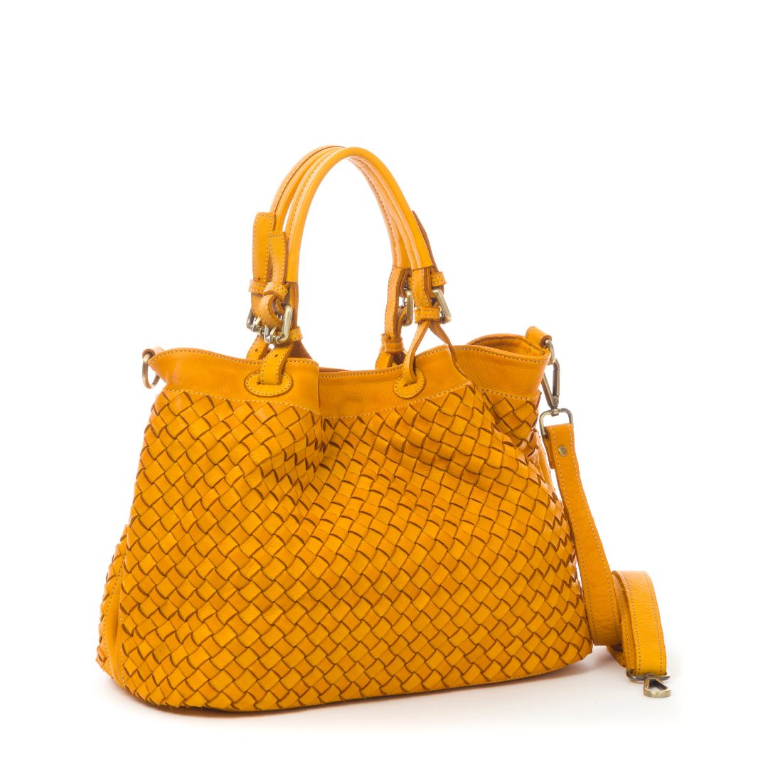 BABY LUCIA Woven Leather Tote Bag | Mustard