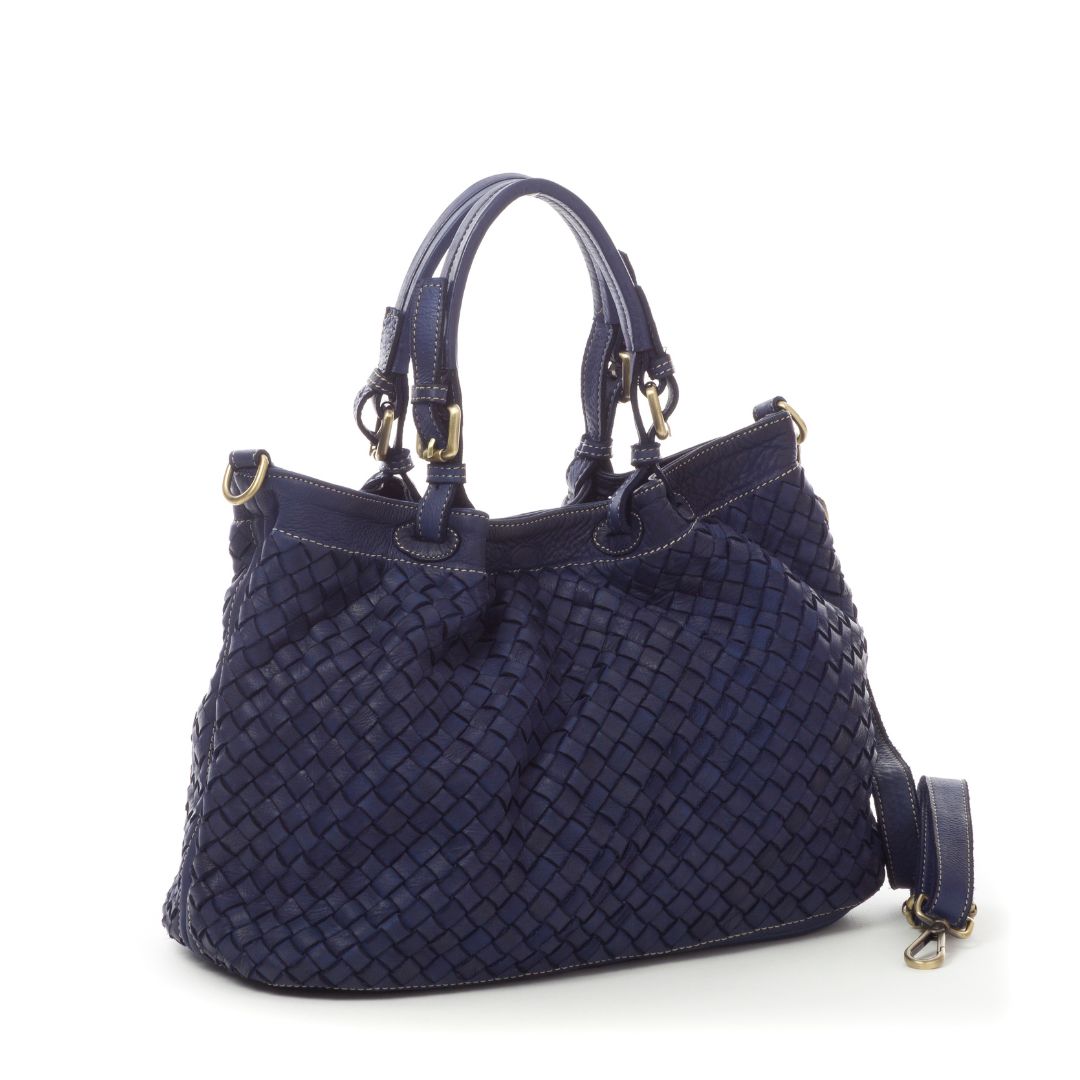 BABY LUCIA Woven Leather Tote Bag | Navy