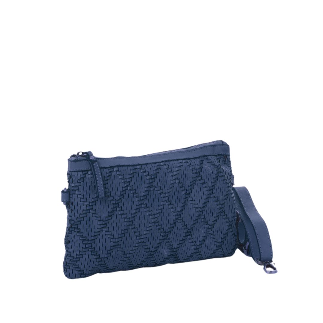 NOEMI Leather Clutch Bag with Laser Cut Out Detail and Long Strap | NAVY