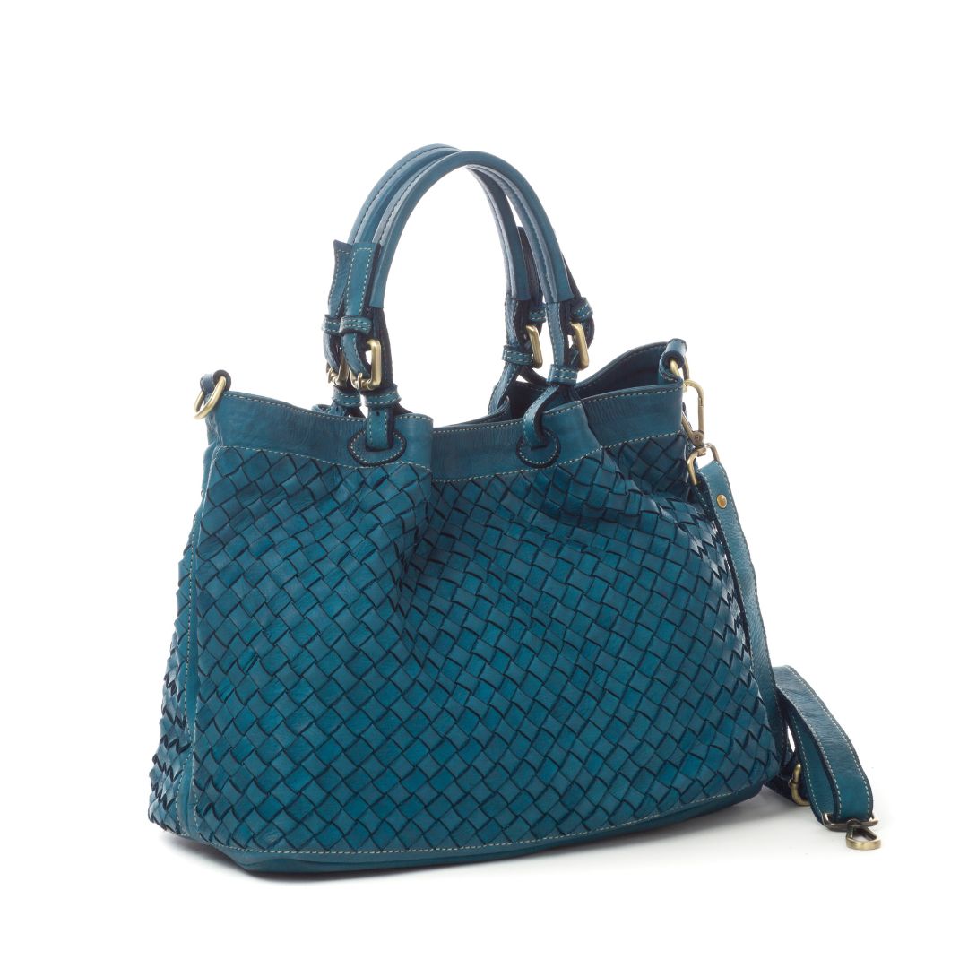 BABY LUCIA Woven Leather Tote Bag  | Teal