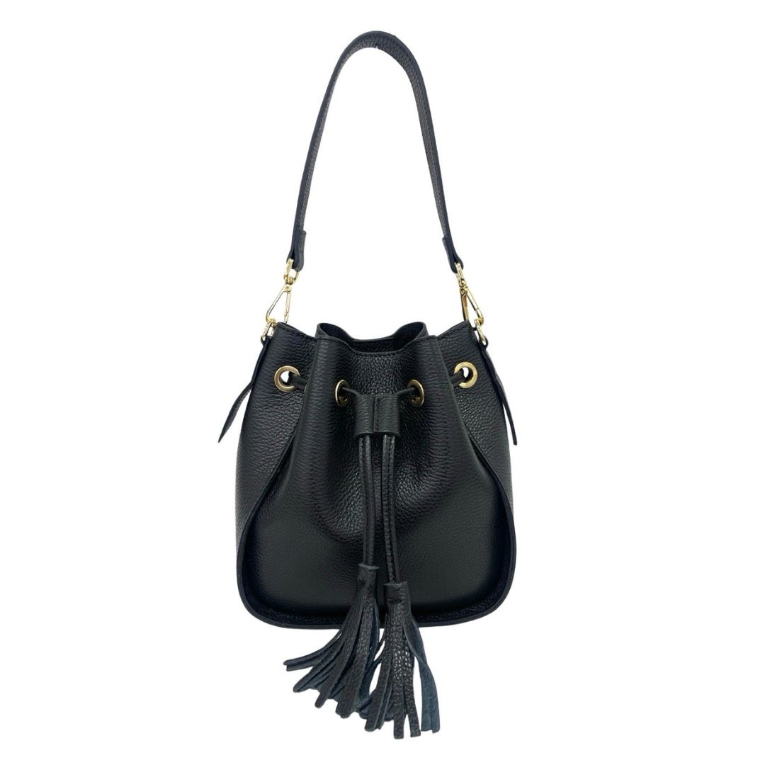 CASTELLO Leather Bucket Bag with Tassle | Black