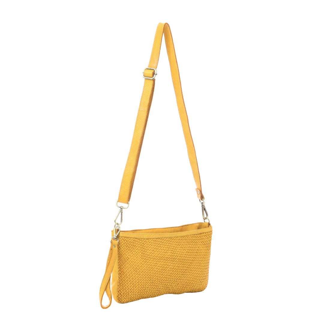 CLAUDIA Woven Leather Clutch Wristlet Bag | Mustard