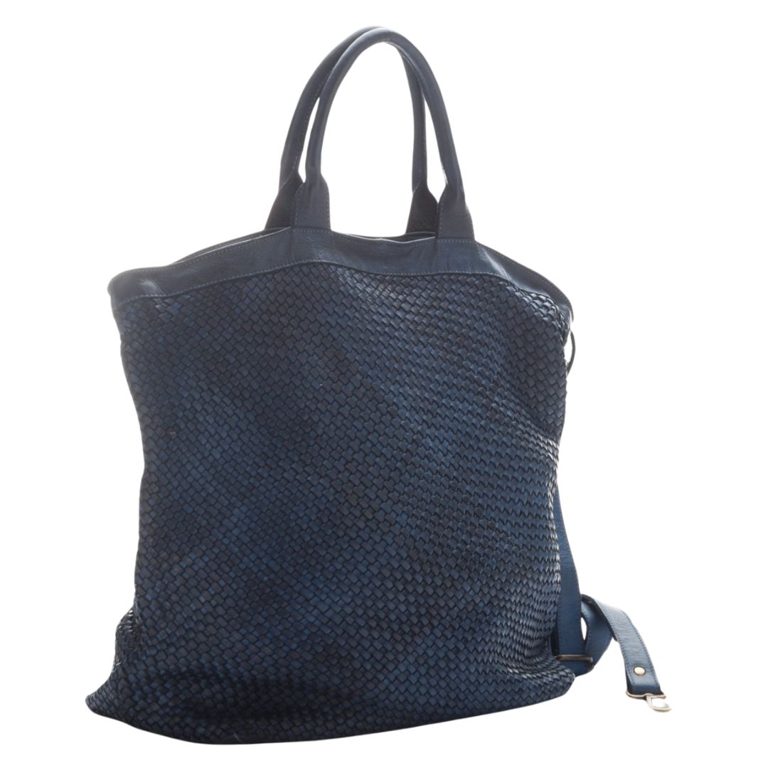 CHIARA Large Leather Weave Tote Bag | Navy