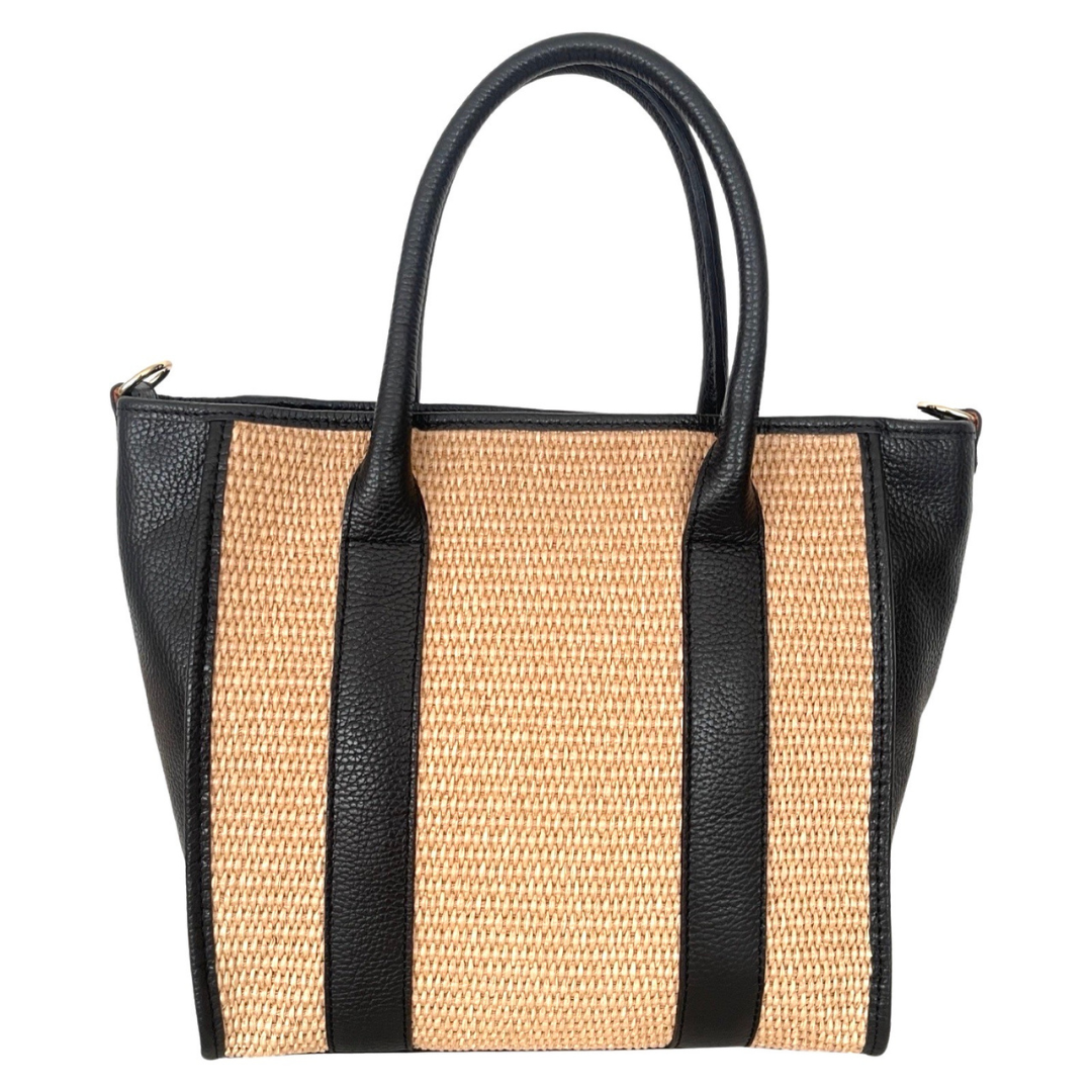 Raffia Tote Bag with Leather Details | Black