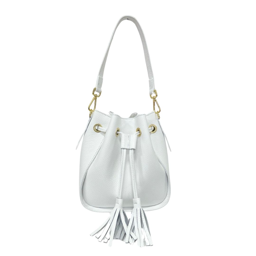 CASTELLO Leather Bucket Bag with Tassle | White