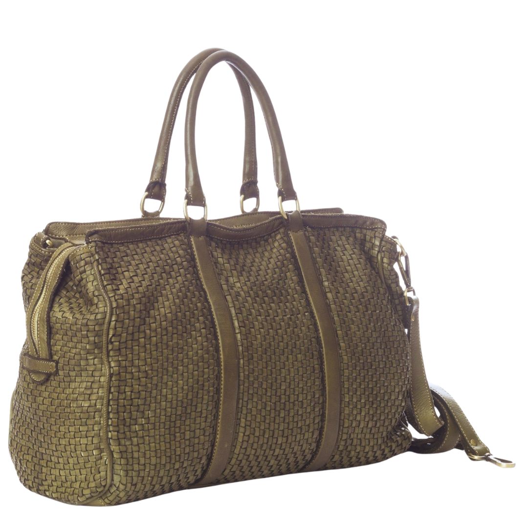 DRAPIA Woven Leather Duffle Bag | Army Green