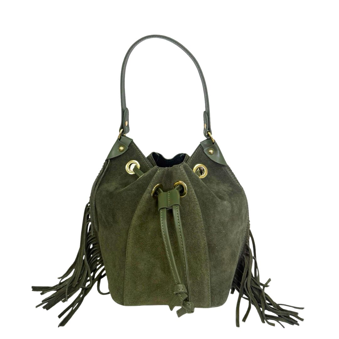 ALLEGRA Suede Bucket Bag with Tassels Army Green The Leather Mob