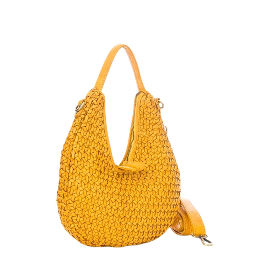 KYRA Diamond Weave Leather Shoulder Bag | Mustard