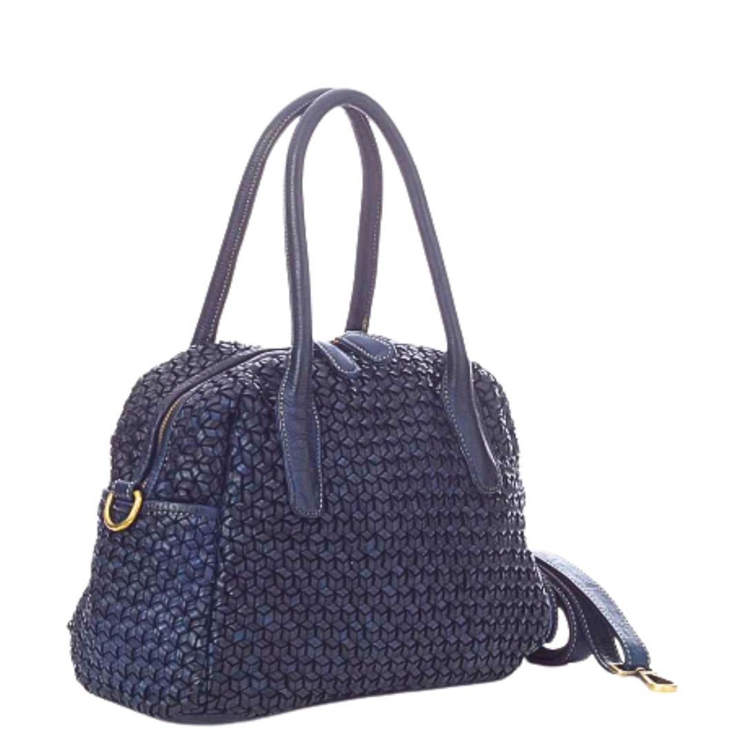 MELIA Diamond Weave Leather Bowler Bag | Navy