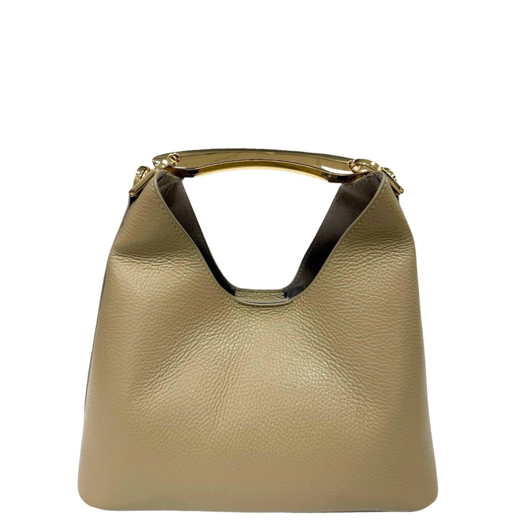 AVERY Leather Hand Bag with Gold Handle | Taupe